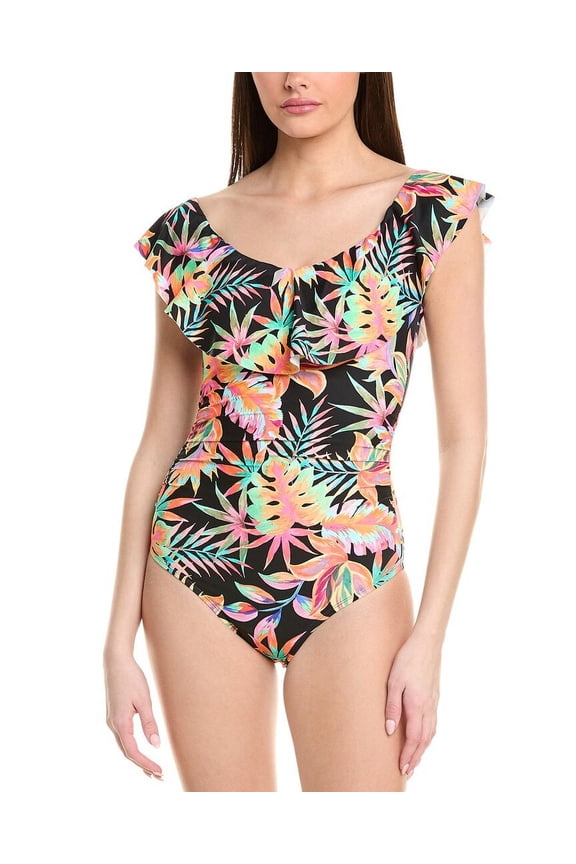 womens Off-The-Shoulder Ruffle One-Piece, 4, Black