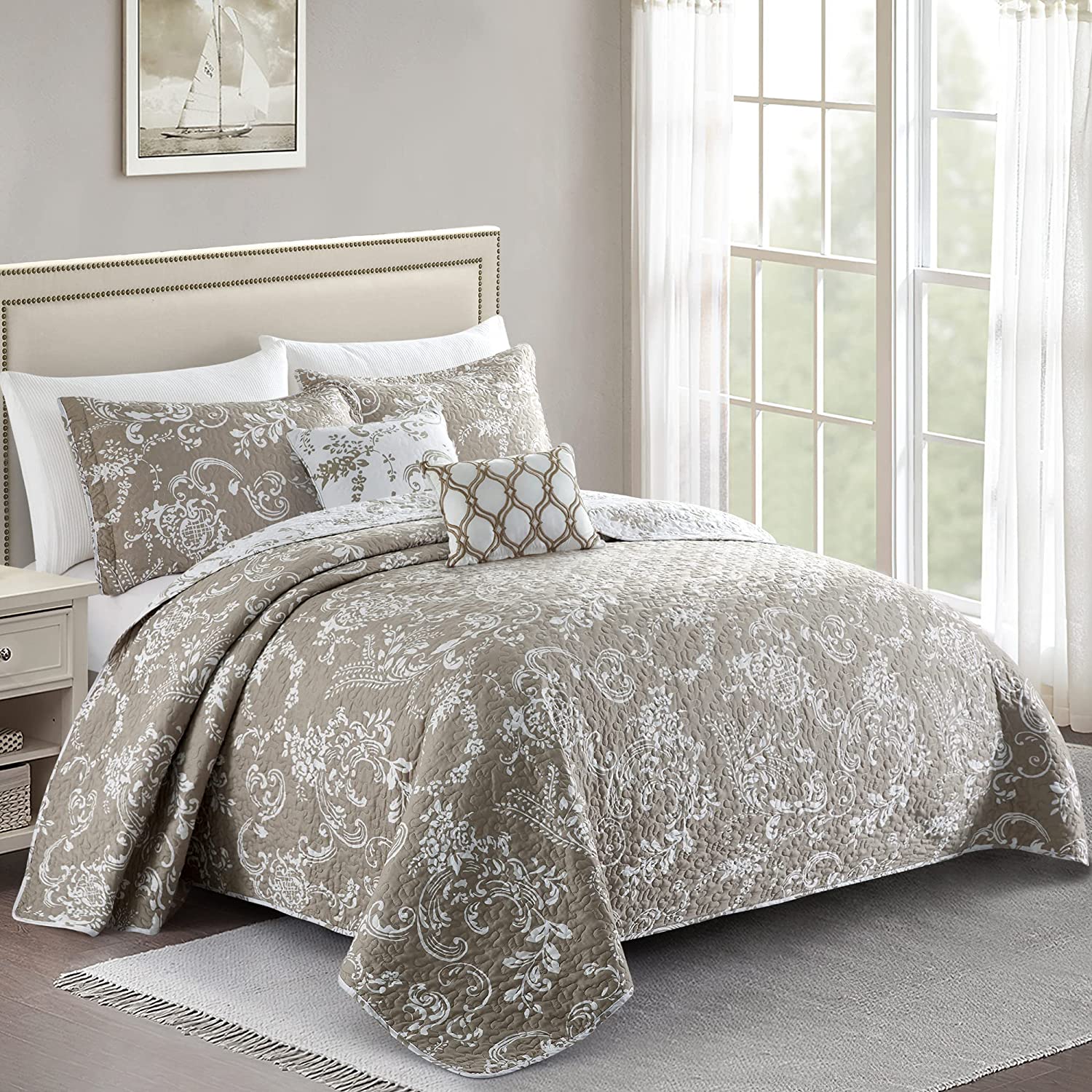 La Boheme 5 Piece Quilted Printed Bed Spread Cover Oversize King 122" x 106" Quilt Set with
