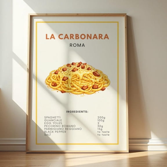 La Carbonara Pasta Recipe Italian Kitchen Roman Ingredient Decor, Unframed Poster