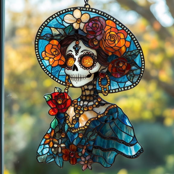 La Catrina Skeleton Acrylic Window Hanging Faux Stained Glass Suncatcher Floral Hat Day Of The Dead Decor Gift For Dia De Muertos Fans