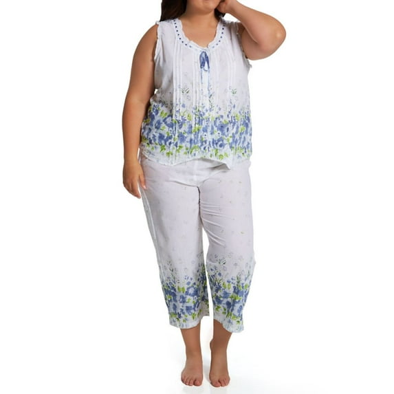 La Cera Women's Roses Pajamas - Floral Print Sleeveless Shirt Capri Pants PJ Set, White - 3X