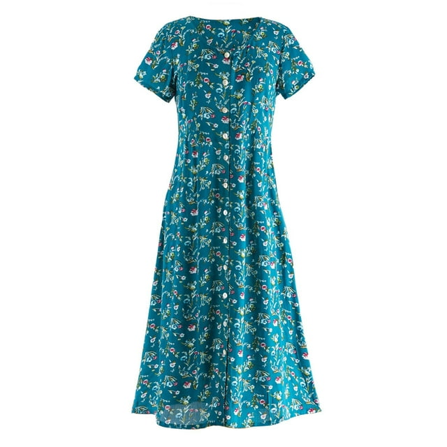 La Cera Womens Emily Dress - Teal Blue Floral Print Gown, Short Sleeves ...