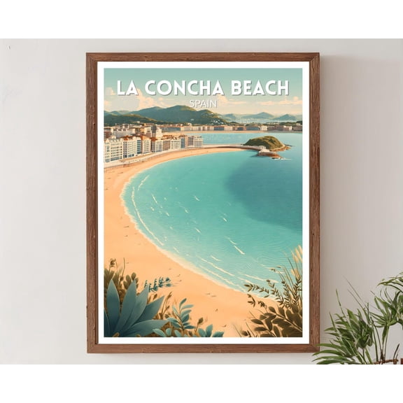 La Concha Beach Spain Retro Travel Mid Century Modern Vintage Coastal Art, Unframed Poster