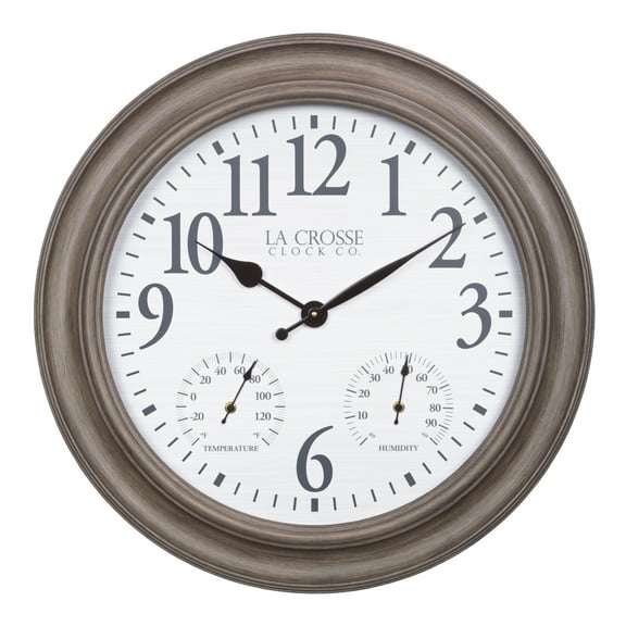 La Crosse 26.2" Outdoor Gray Oak Analog Quartz Wall Clock with Temp & Humidity, 433-3267TH