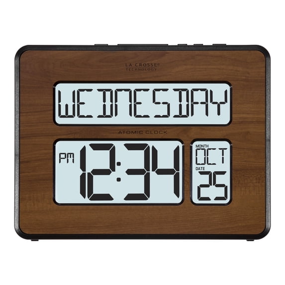 La Crosse Technology Atomic Calendar Backlight Digital Clock with Large Digits, Walnut, 513-1419BL-WA