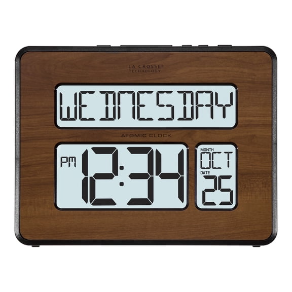La Crosse Technology Atomic Calendar Backlight Digital Clock with Large Digits, Walnut, 513-1419BL-WA