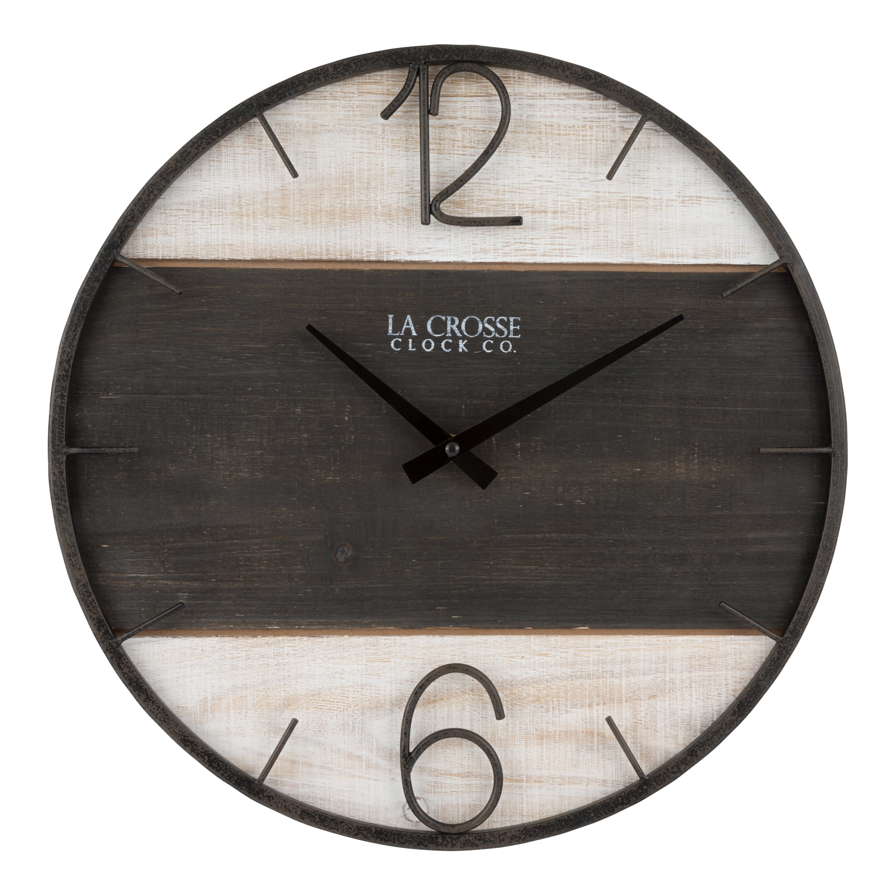 16" Brown and Off-White Metal and Wood Round Wall Clock