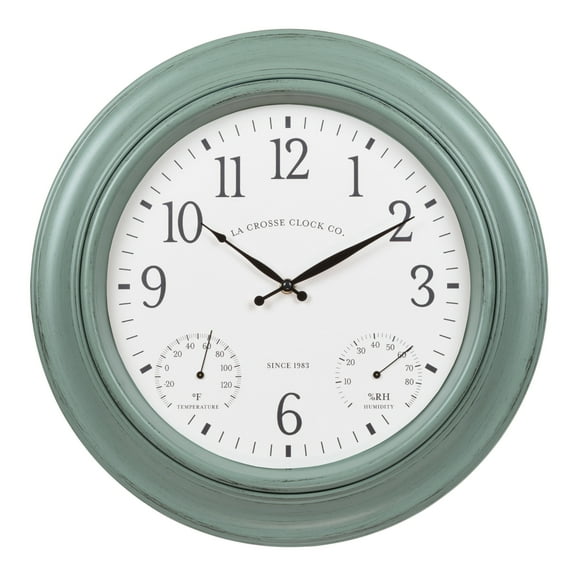 La Crosse Clock 18 inch Outdoor Sage Green Quartz Analog Wall Clock with Temperature and Humidity, 433-3846