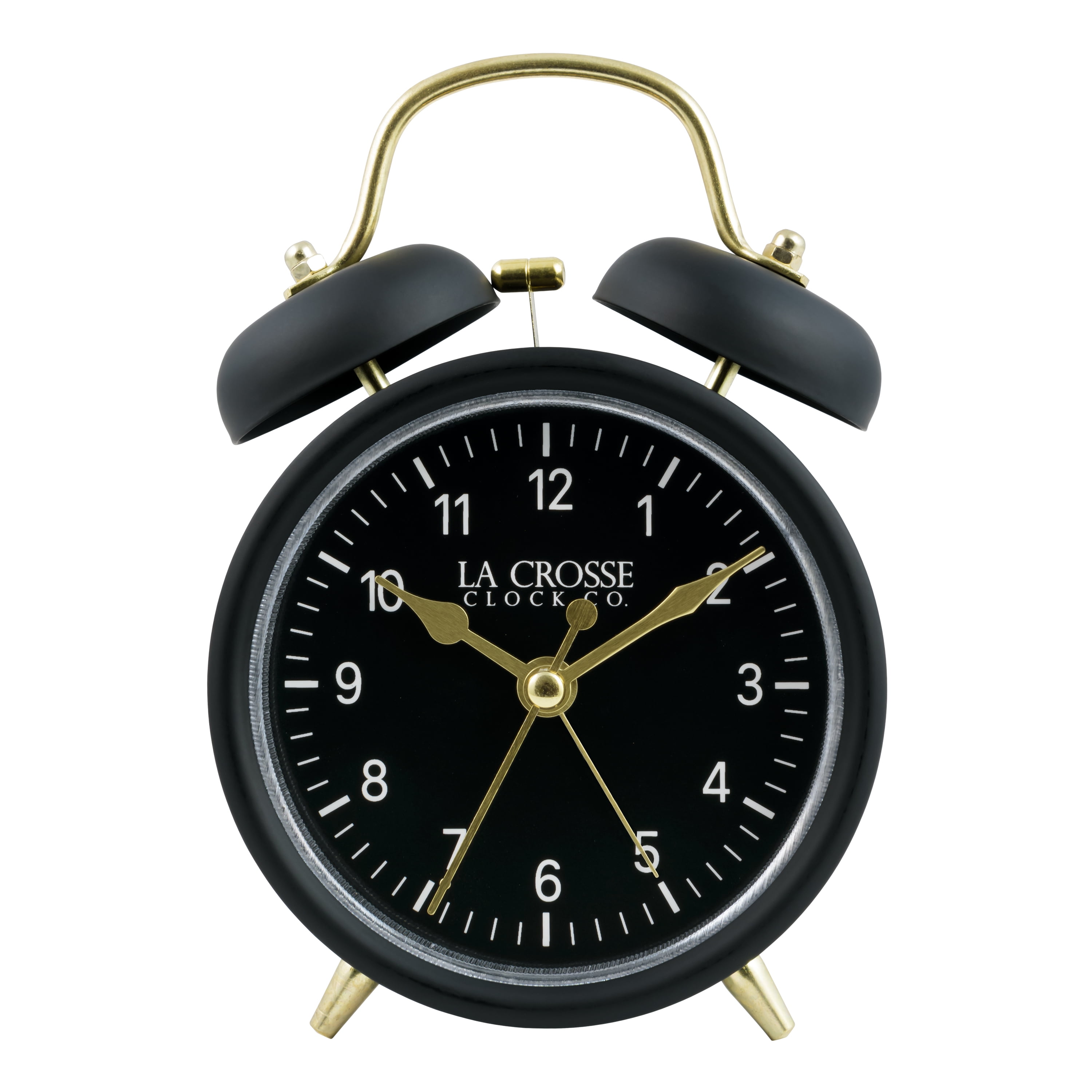 Black Twin Bell Quartz Analog Alarm Clock with Gold Accents