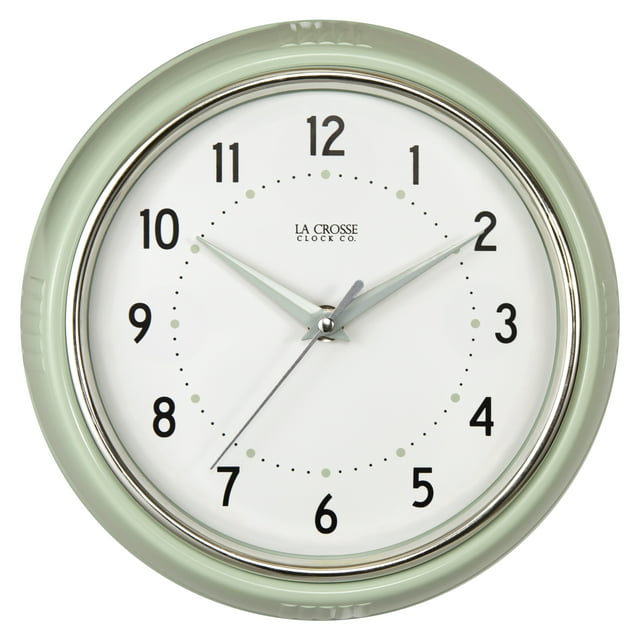 La Crosse Clock 9.5" Retro Diner Pistachio Green Quartz Analog Wall Clock, 404-3024PH