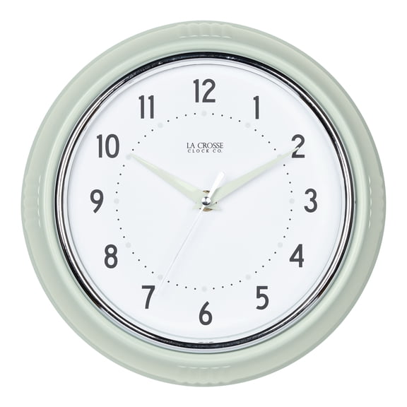 La Crosse Clock 9.5 inch Retro Diner Green Silent Sweep Quartz Analog Wall Clock, 404-3024PH