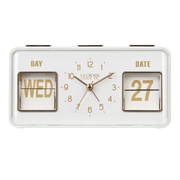 La Crosse Clock Daily Flip White Tabletop Alarm Clock with Calendar, 636-379W
