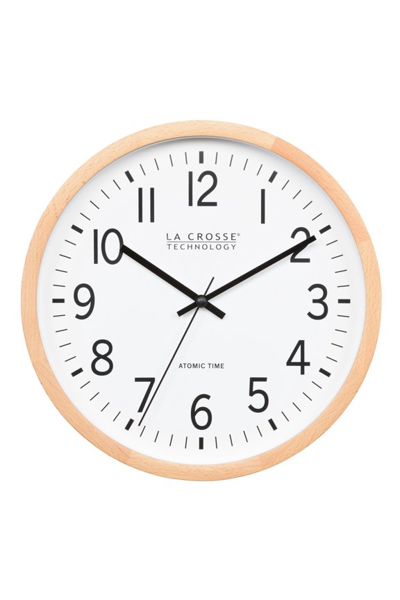 12.8-Inch Beech Wood Atomic Analog Wall Clock, 404-53707-INT