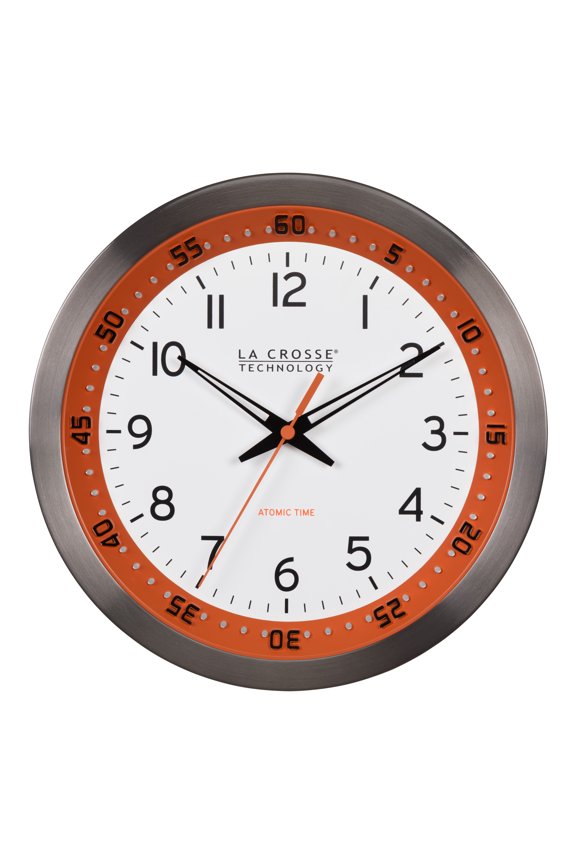 404-87696 10 inch Chapter Ring Stainless Steel Atomic Analog Wall Clock - Orange