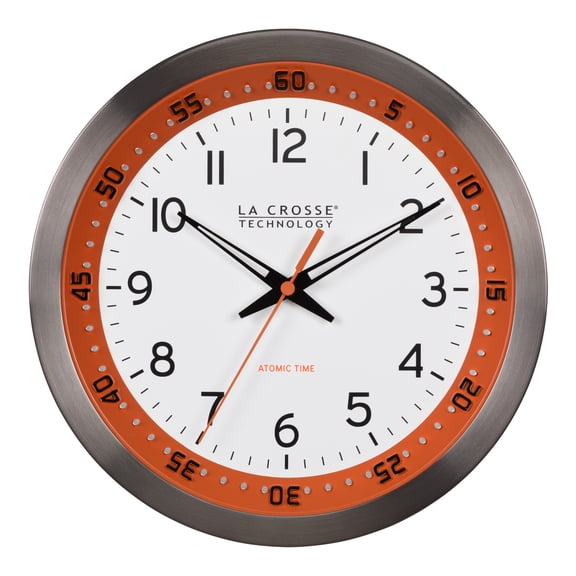 La Crosse Technology 404-87696 10 inch Chapter Ring Stainless Steel Atomic Analog Wall Clock - Orange