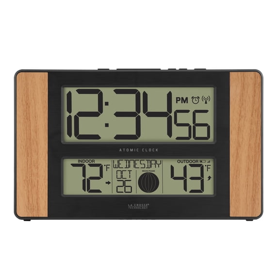 La Crosse Technology Atomic Digital Clock with Temperature and Moon Phase, Oak finish, 513-1417