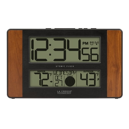 La Crosse Technology Atomic Digital Clock with Temperature and Moon Phase, Cherry finish, 513-1417CH