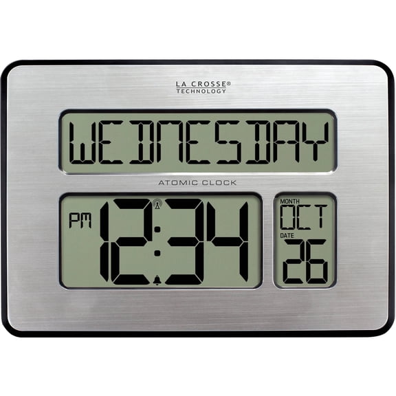 La Crosse Technology Atomic Digital Wall Clock with Calendar and Indoor Temperature, Brushed Aluminum, 513-1419-Int