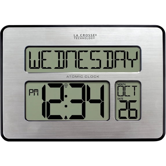 La Crosse Technology Atomic Digital Wall Clock with Calendar and Indoor Temperature, Brushed Aluminum, 513-1419-Int