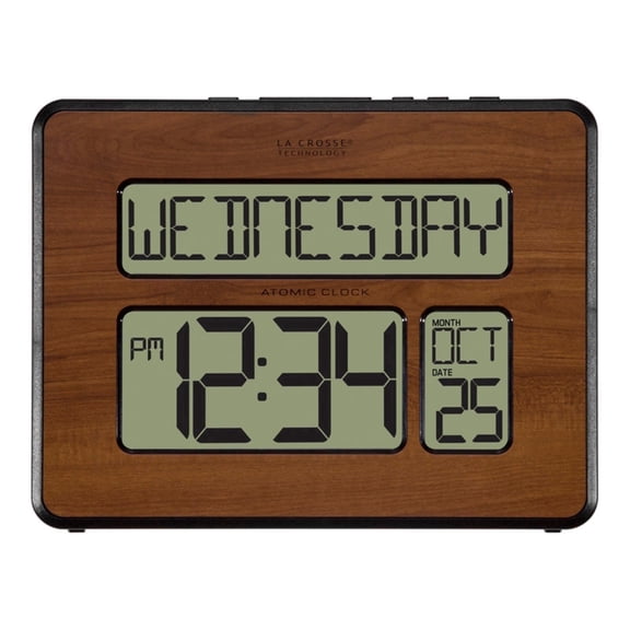 La Crosse Technology Digital Wall Clock with Calendar and Indoor Temperature, Walnut, 513-1419-WA