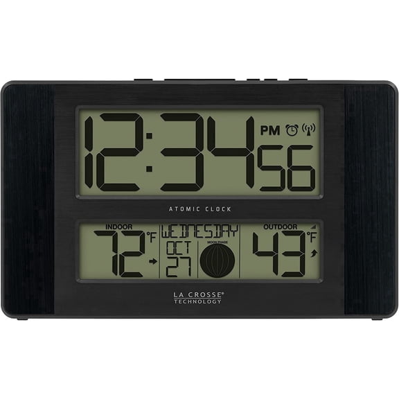 La Crosse Technology Atomic Digital Clock with Temperature and Moon Phase, Black finish, 513-1417BS