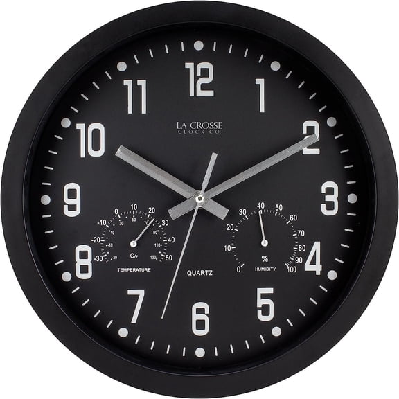 La Crosse Clock 12 inch Black Quartz Analog Clock with Temp & Humidity, 404-2631
