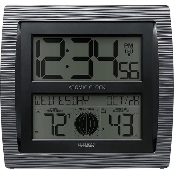 La Crosse Technology Curved Black Digital Atomic Clock With moon phase & temperature, BBB86118