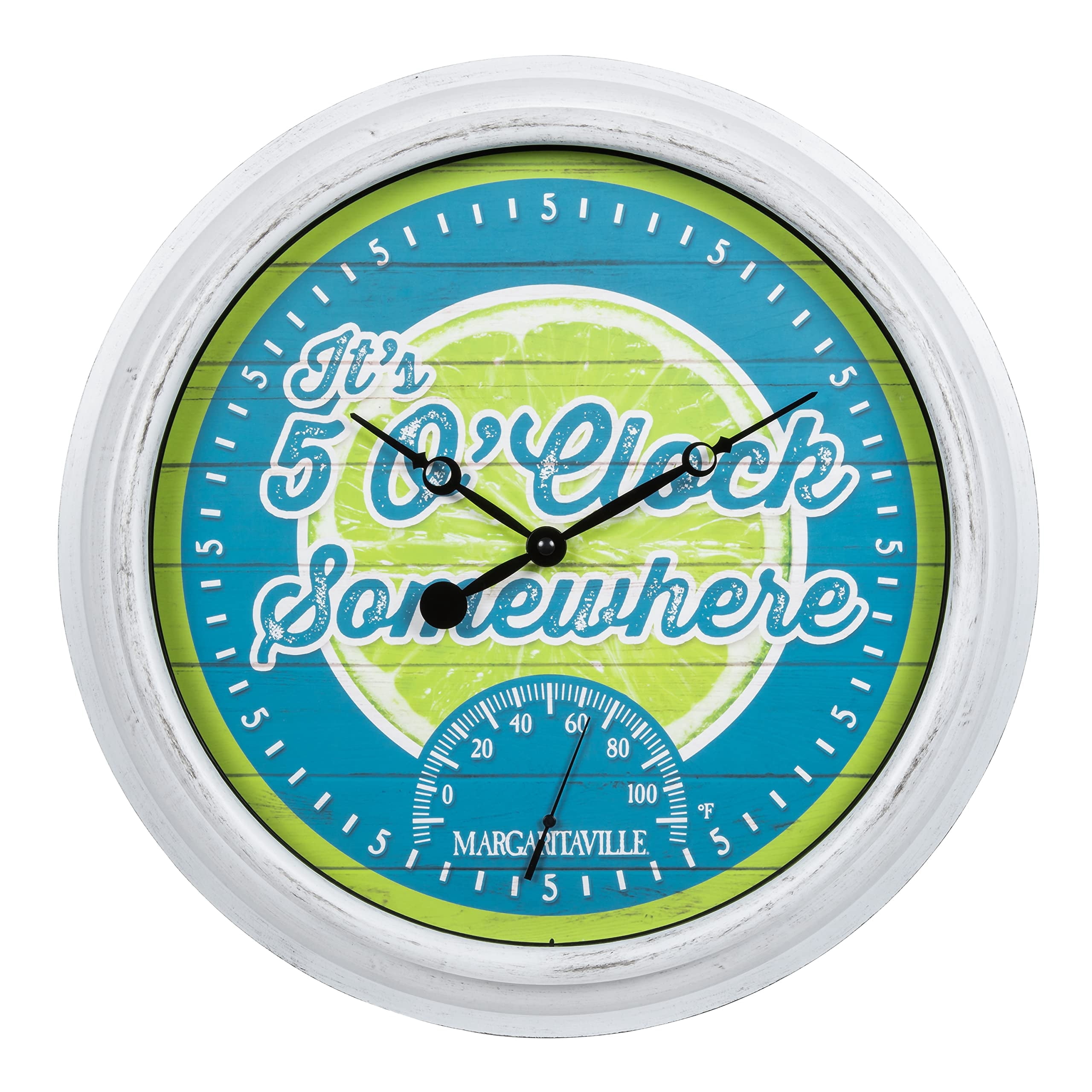 La Crosse Clock 15.75 inch Margaritaville Indoor/Outdoor Wall Clock w/ Temp (It's 5 O'Clock Somewhere), 433-3841MV2T