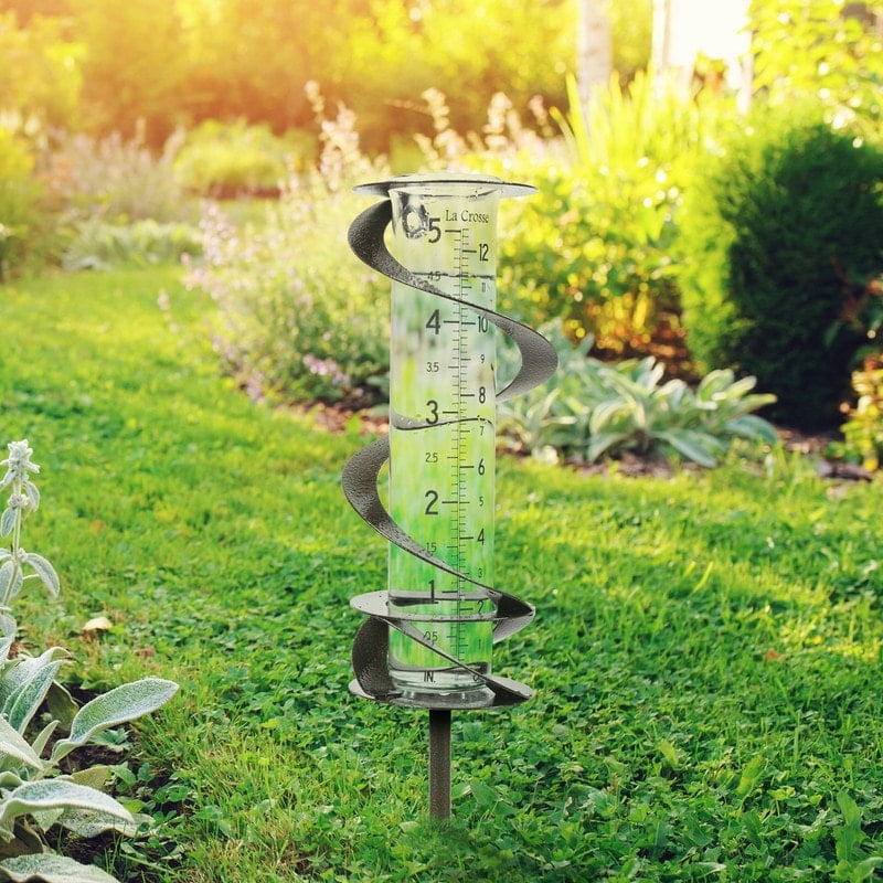 Helix Spiral Bronze Metal Garden Rain Gauge with Recycled Glass Tube