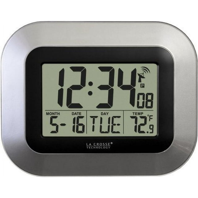 La Crosse Technology WT8005US Atomic Digital Wall Clock with Indoor Temperature, Silver