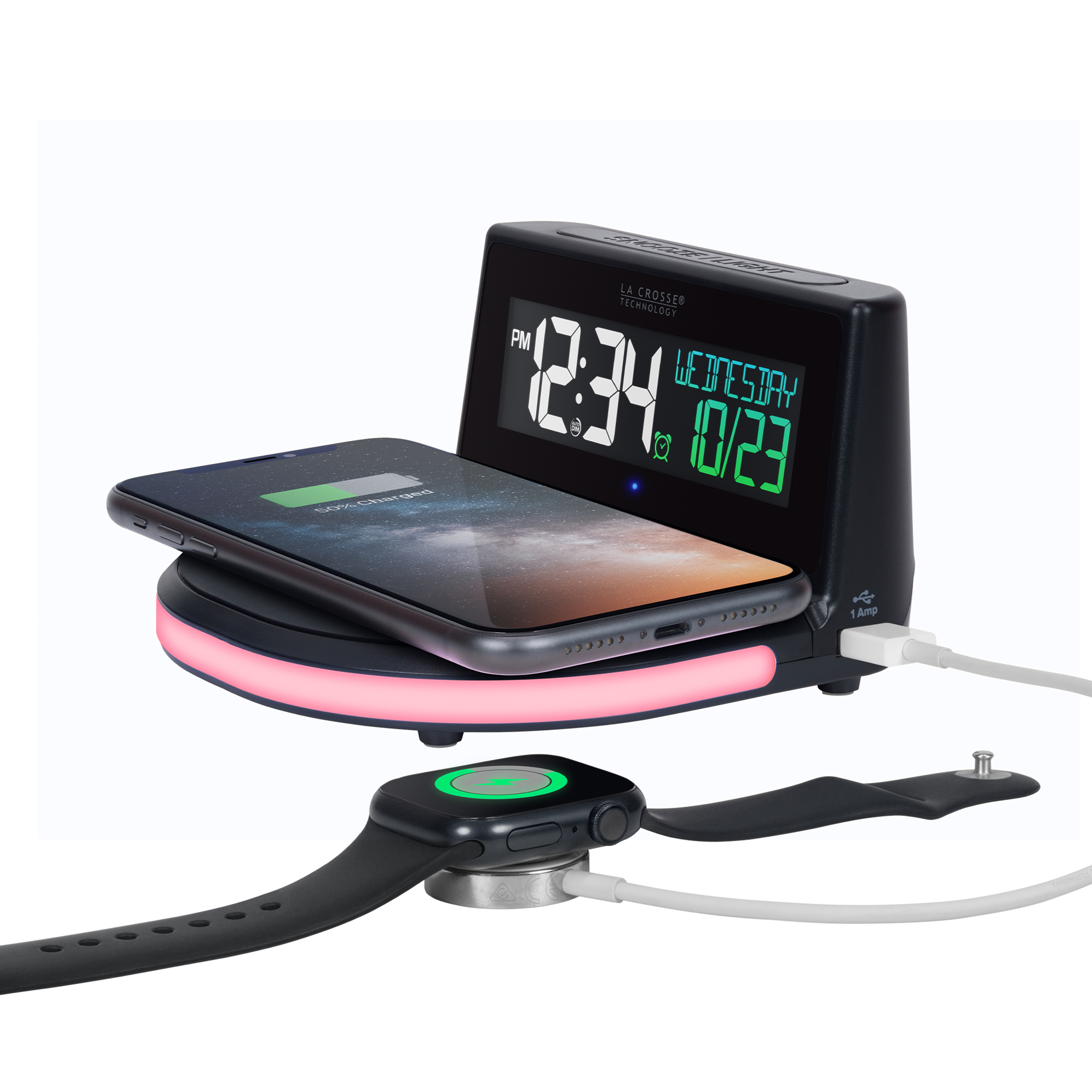 La Crosse Technology Wireless Charging Alarm Black LCD Clock with Glowing Lighted Base, 617-148 - image 1 of 13