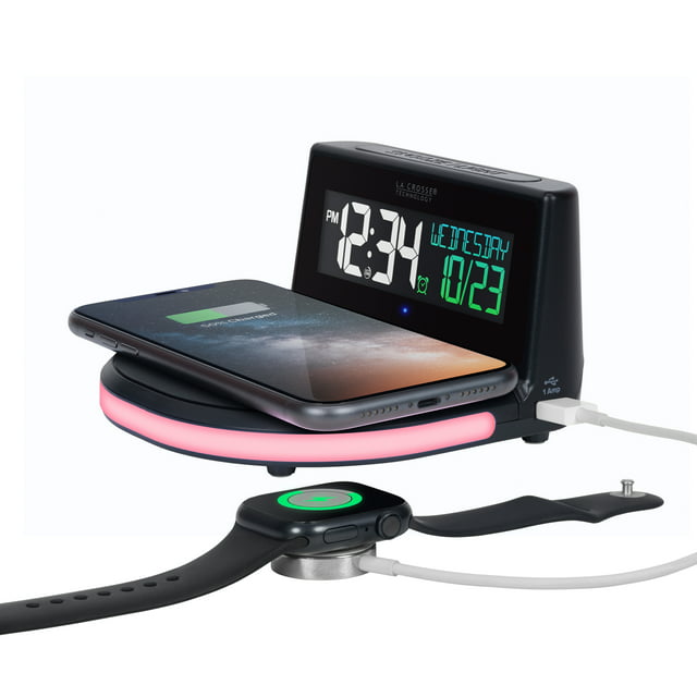 La Crosse Technology Wireless Charging Alarm Black LCD Clock with Glowing Lighted Base, 617-148