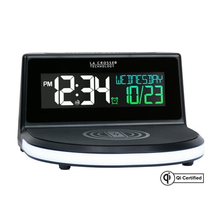 La Crosse Technology 617-148V2 Black Wireless Charging Alarm Clock with Glowing LED Base