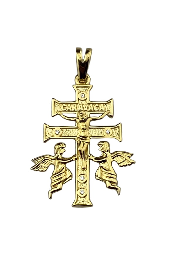 La Cruz De Caravaca Plata Double Cross Pendant Gold Over Real Solid 925 Sterling Silver 1.25" Inch