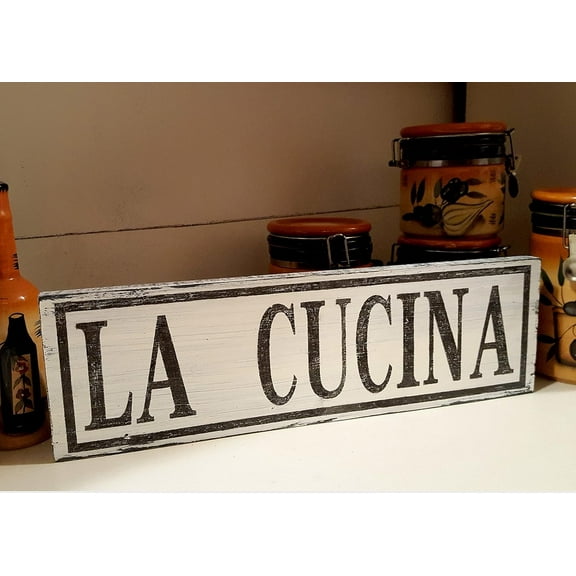 La Cucina Italian Kitchen Sign Tuscan Decor Farmhouse Style Wood Sign Wood Signs with Quotes Wood Sayings Signs 6x16 Inch