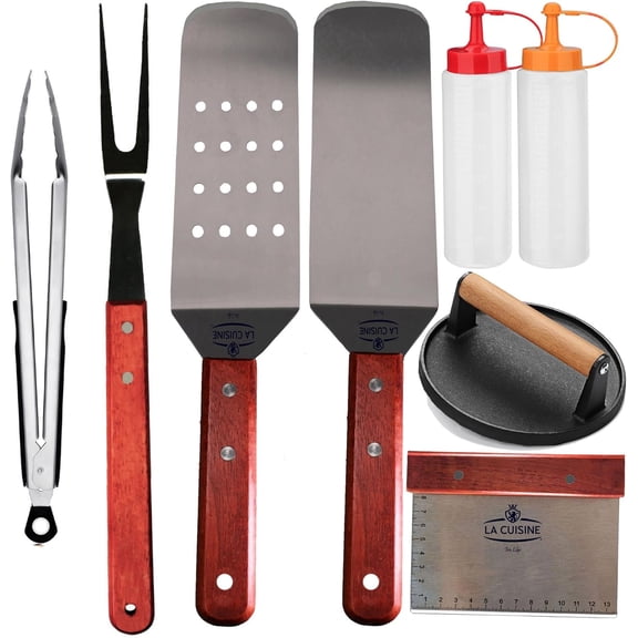 La Cuisine 8 PCs Flat-Top Griddle BBQ Accessories Kit including solid & perforated Spatulas, Fork, Tong, Cast Iron Meat Press, Condiment Squeeze Bottles for Grilling Hibachi and Teppanyaki Cooking