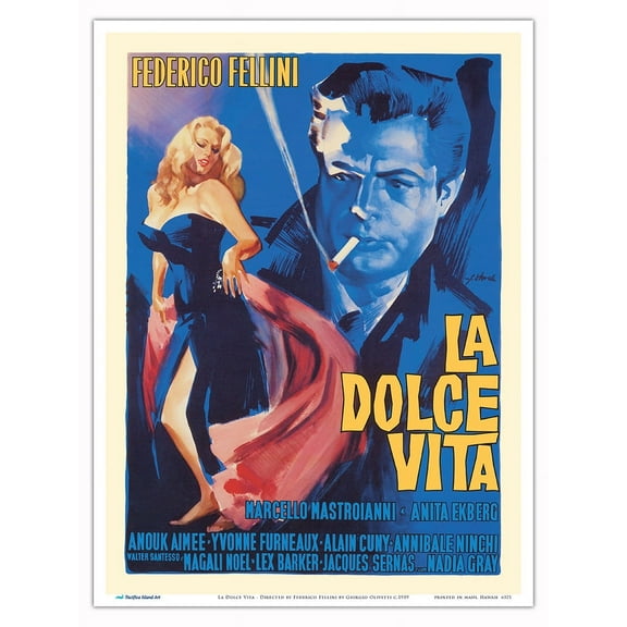 La Dolce Vita - Directed by Federico Fellini - with Marcello Mastroianni - Vintage Italian Film Movie Poster by Giorgio Olivetti c.1959 - Master Art Print (Unframed) 9in x 12in