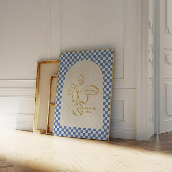 La Dolce Vita Poster Lemon For Dining Room Wall, Blue Checkered Printable For Aesthetic Kitchen Decor Wall Art, Modern Wall Decor, 8x12 UNFRAMED