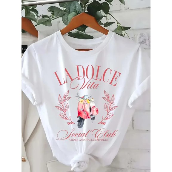 La Dolce Vita Print Women's Crew Neck T-Shirt Casual Short Sleeve Letter Print Spring Summer Top Tee T Shirt Women Clothing