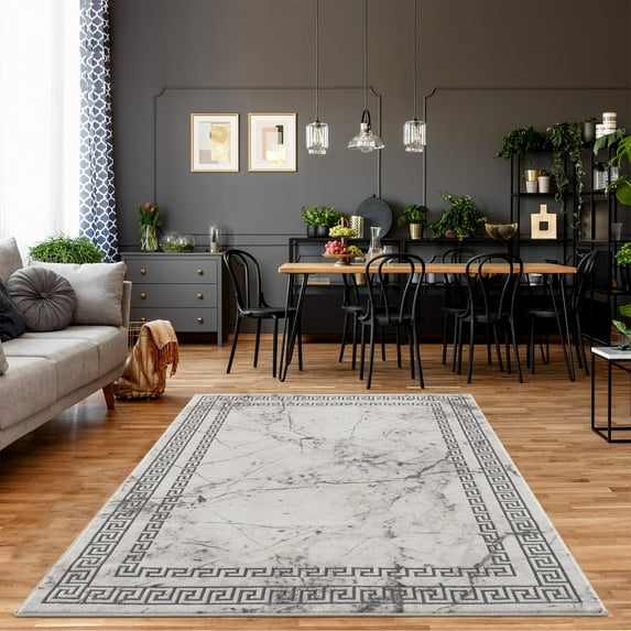 La Dole Rugs Gold Grey Ivory Abstract Marble Bordered Modern Meander Greek Pattern Area Rug For Living Room Bedroom Hallway Runner