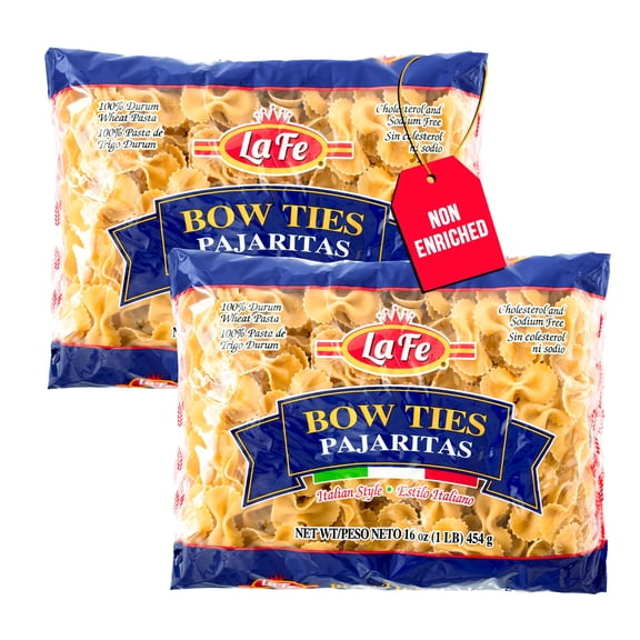La Fe Bow Ties Parajitas Pasta 16oz - 2 Pack - Unenriched Semolina Wheat Italian Farfalle Pasta - Cholesterol & Sodium Free