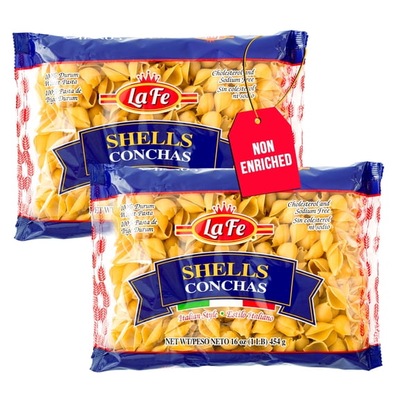 La Fe Shells Pasta 16oz - 2 Pack - Unenriched Semolina Wheat Pasta Italian Shells (Conchas) - Cholesterol & Sodium Free