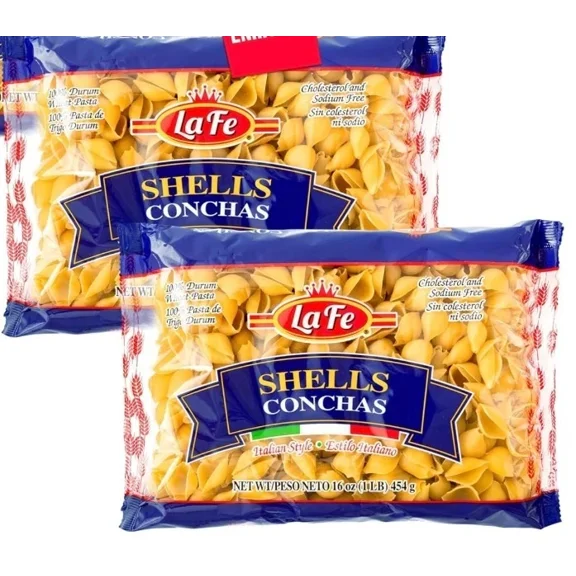 La Fe Shells Pasta 16oz - 2 Pack - Unenriched Semolina Wheat Pasta Italian Shells (Conchas) - Cholesterol & Sodium Free