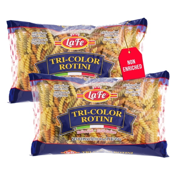 La Fe Tri-Color Rotini Pasta 16oz - 2 Pack - Unenriched Semolina Wheat Pasta Italian Tri-Color Rotini - Cholesterol & Sodium Free