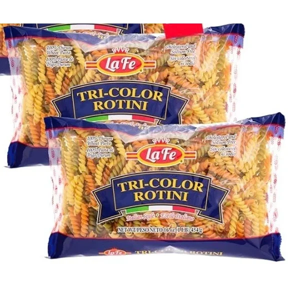 La Fe Tri-Color Rotini Pasta 16oz - 2 Pack - Unenriched Semolina Wheat Pasta Italian Tri-Color Rotini - Cholesterol & Sodium Free