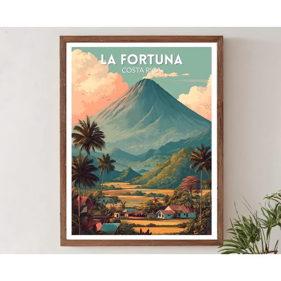 La Fortuna Costa Rica Retro Volcano Landscape Latin American Art Unframed Paper Print