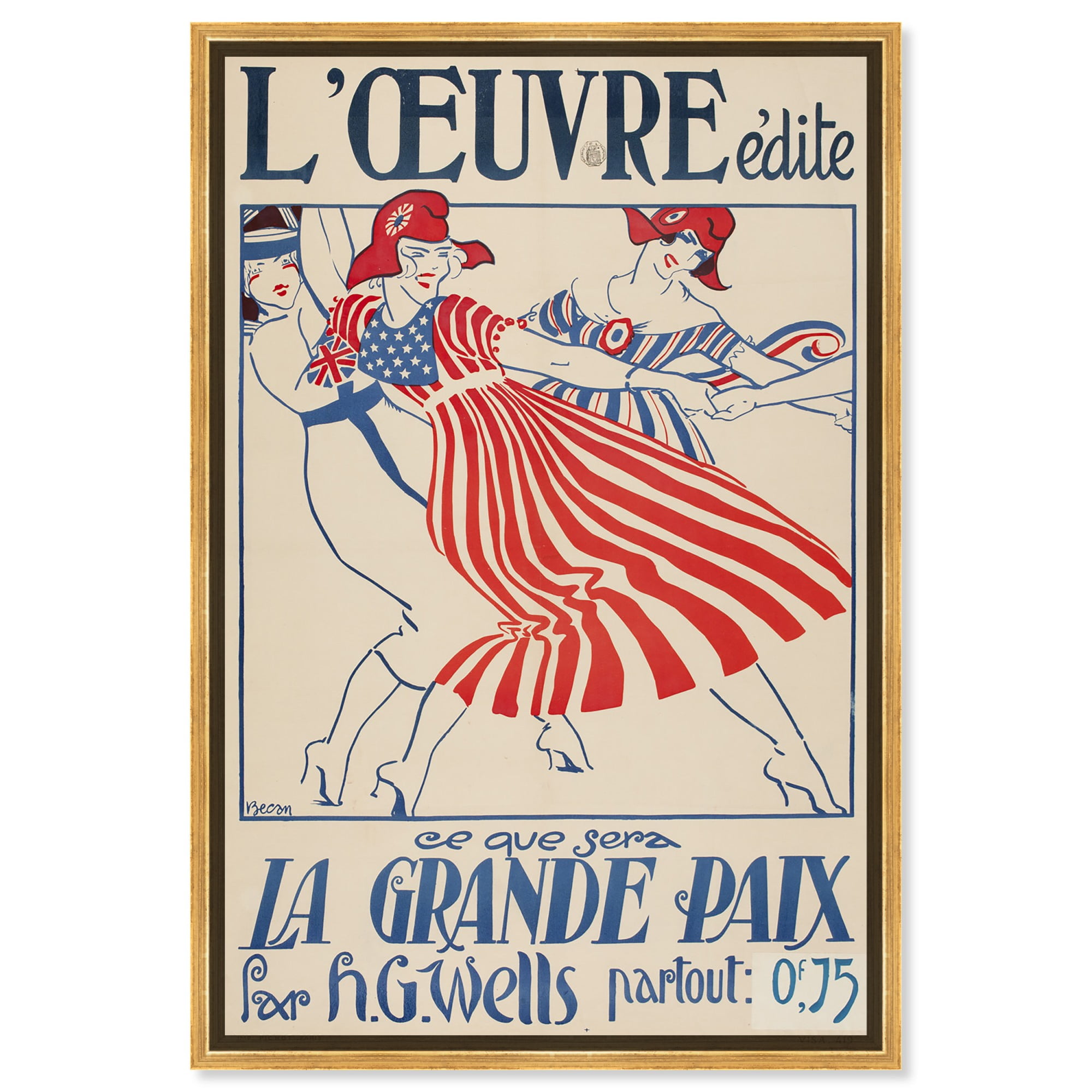 La Grande Paix Red and Blue Canvas Print with Gold Frame