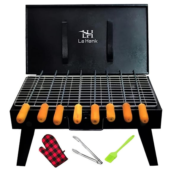 La Henk Grill set - Travelers Barbeque Grill Set for Home Foldable Charcoal Tandoor Outdoor BBQ Grill Chicken Maker For Home with 8 Skewers, Charcoal Tray, Gloves, Oil brush & Tong (Black)