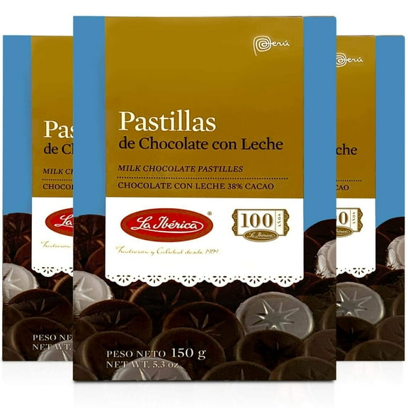 La Iberica Pastillas de Chocolate con Leche 38% Cacao Peruano 5.3 oz | Milk Chocolate 38% Peruvian Cocoa Pastilles 3 Pack