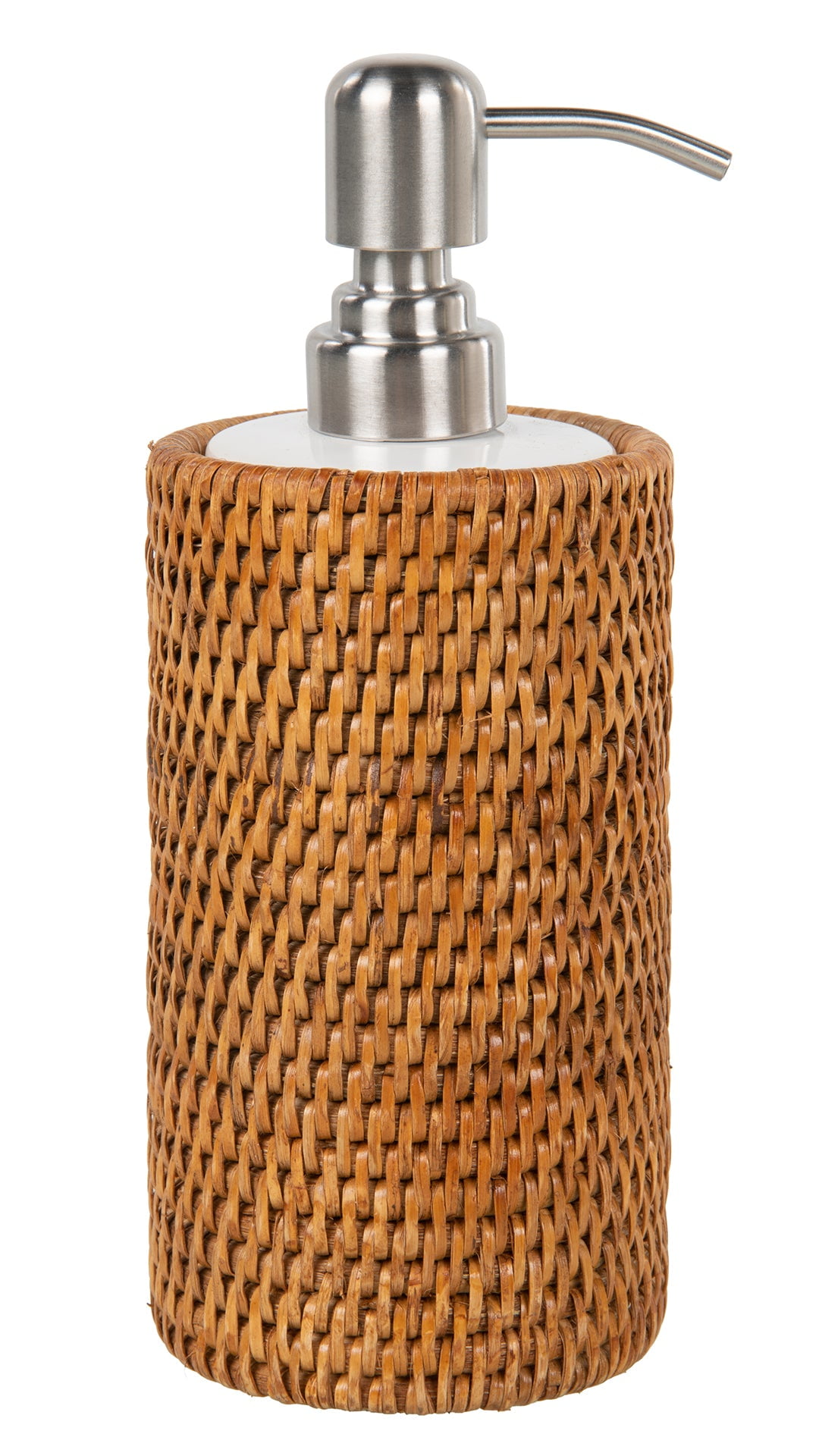 Honey Brown Rattan Cylindrical Soap Dispenser with Stainless Steel Pump